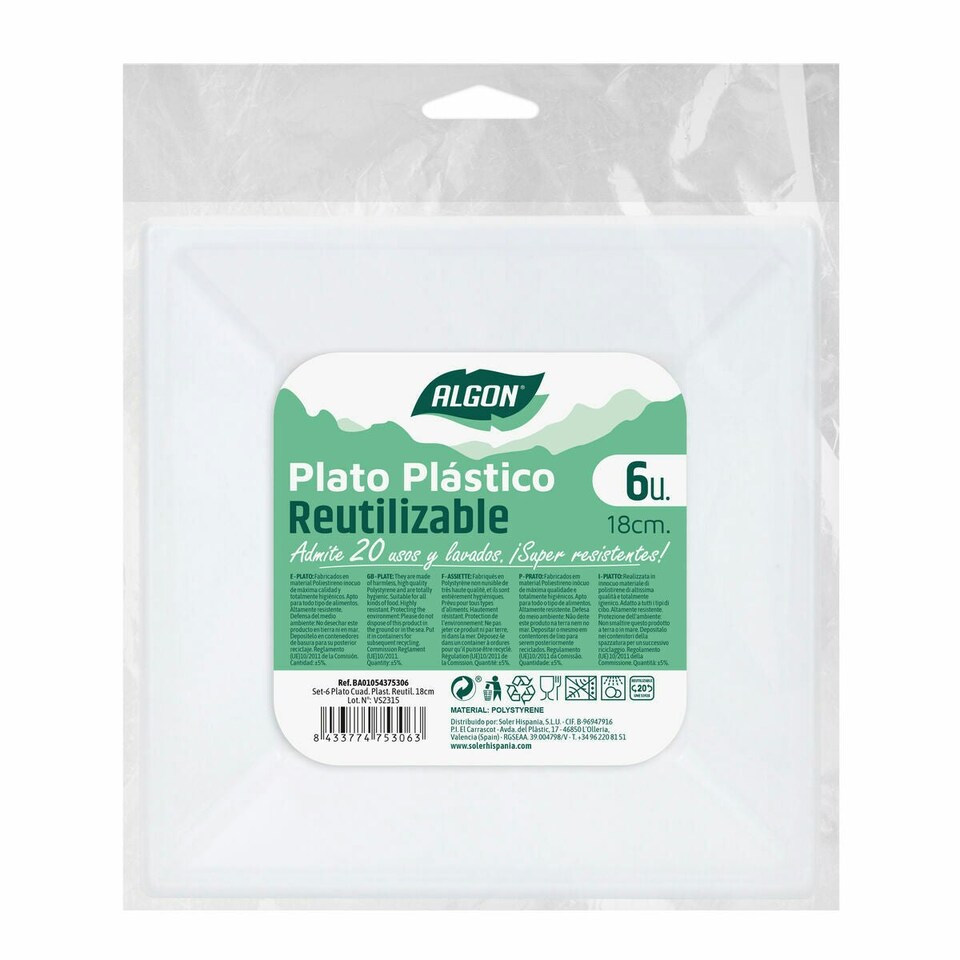 image 1 of Set of reusable plates Algon Squared Plastic 18 x 18 x 2 cm (36 Units) N/A
