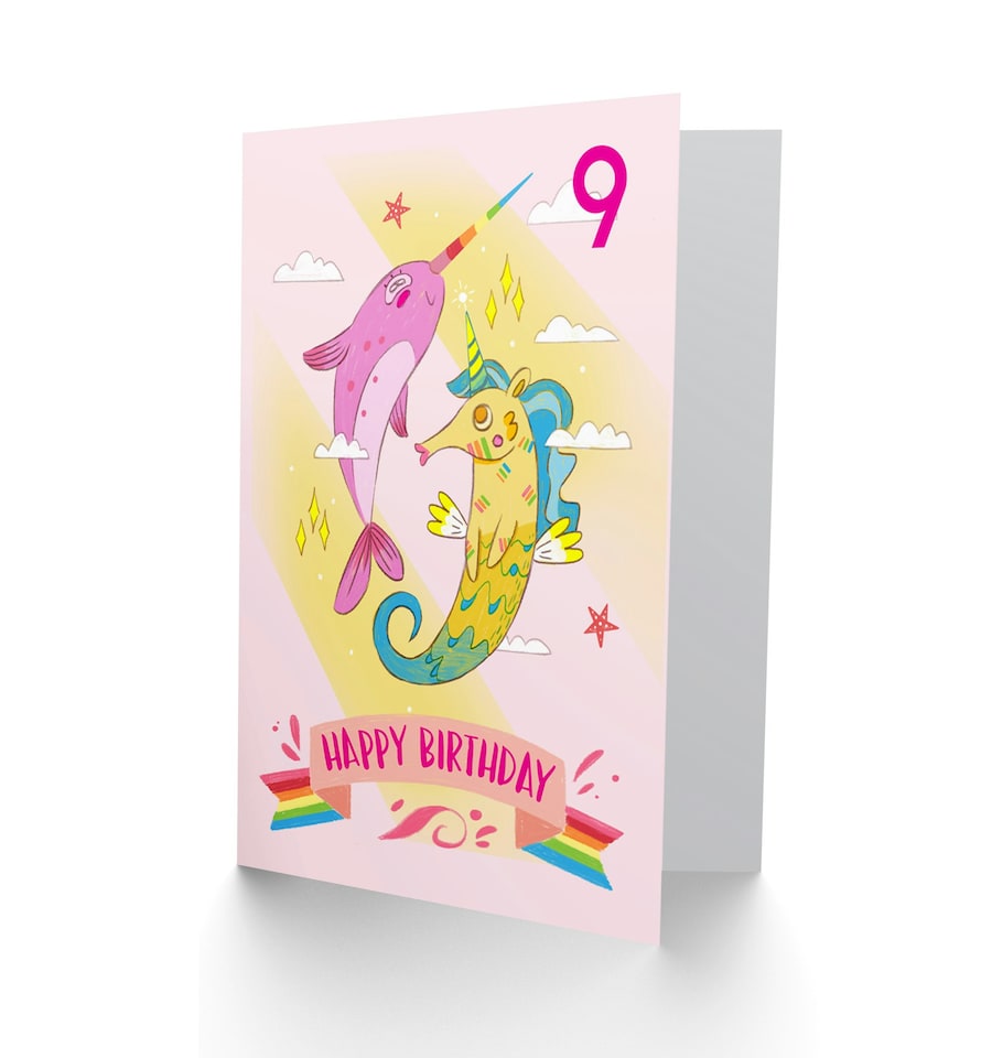 image 1 of Unicorn Seahorse Narwhal Cartoon Age 9 Year Old Kids 9th Birthday Card