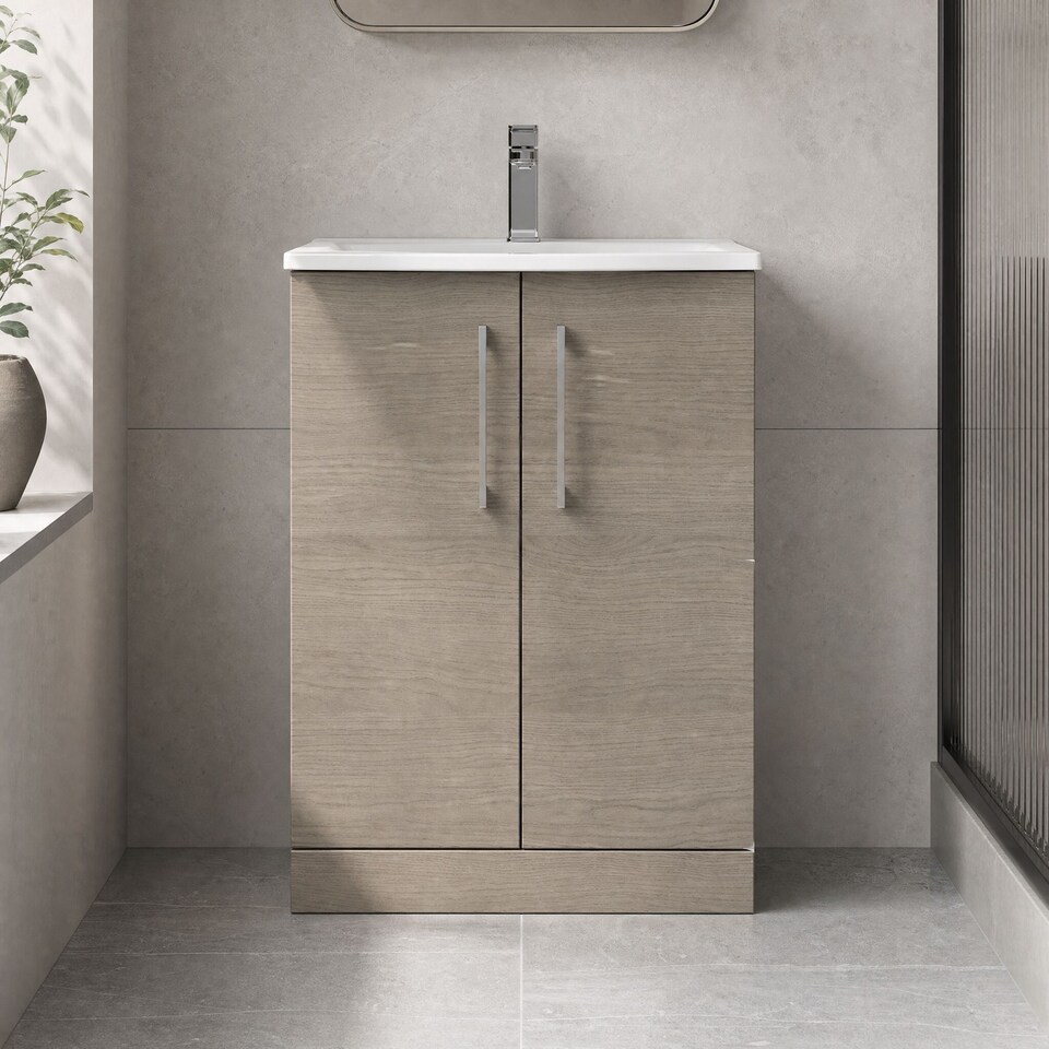 image 1 of Balterley Modern Bathroom Floor Standing 2 Soft Close Door Vanity Unit & Curved Basin | Brown | Solace Oak | 830 x 610 x 440mm