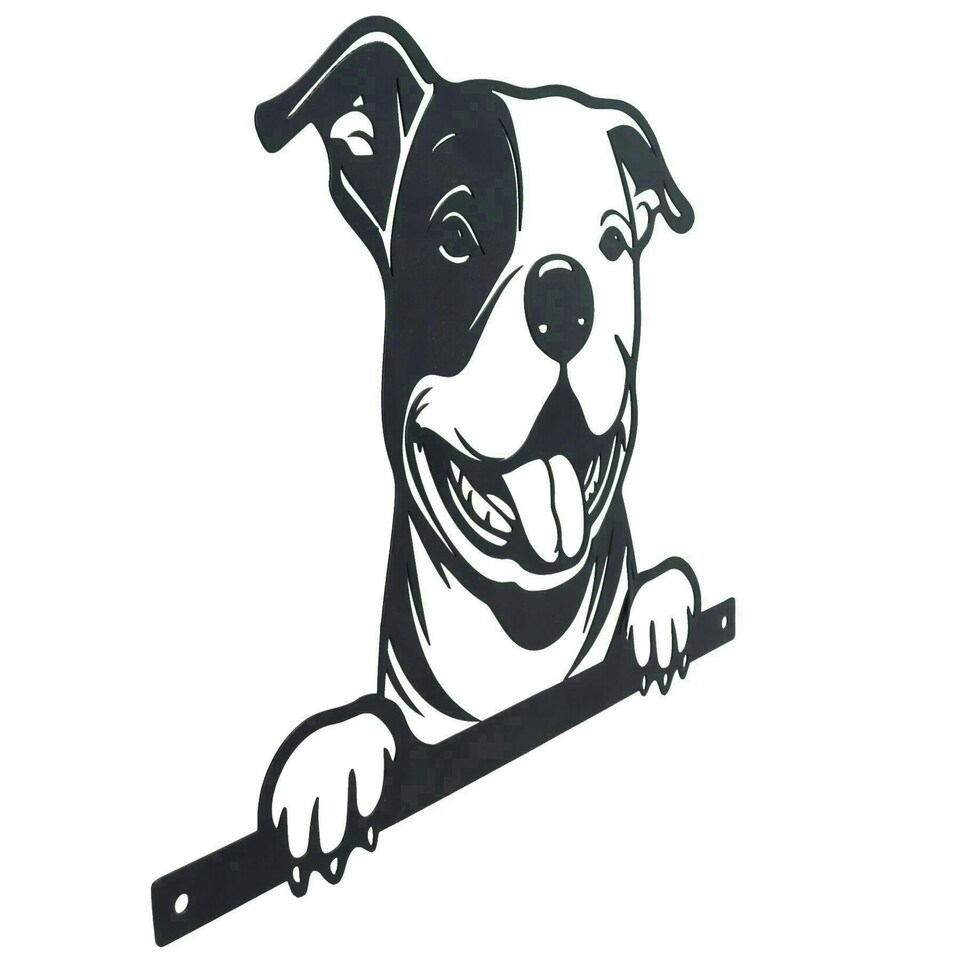 image 1 of Black Metal Peeking Staffie Silhouette with Fixing Plate Garden Ornament Gift