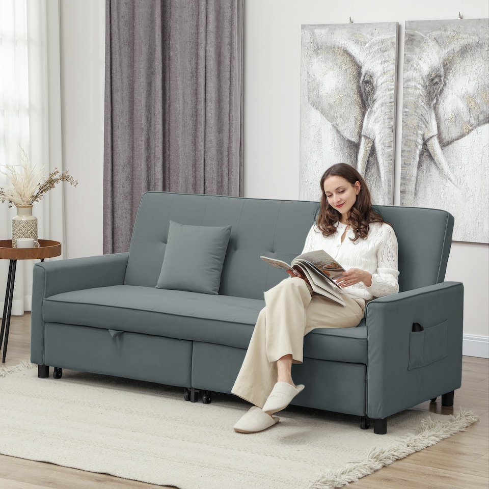 image 1 of HOMCOM Sectional Sofa Bed, L-Shaped 3 Seater Sofa Bed, Reversible Sleeper Sofa with Pull Out Couch Bed, Cushions, Fabric Futon Sofa Bed for Living Room, Grey | Grey | One Size
