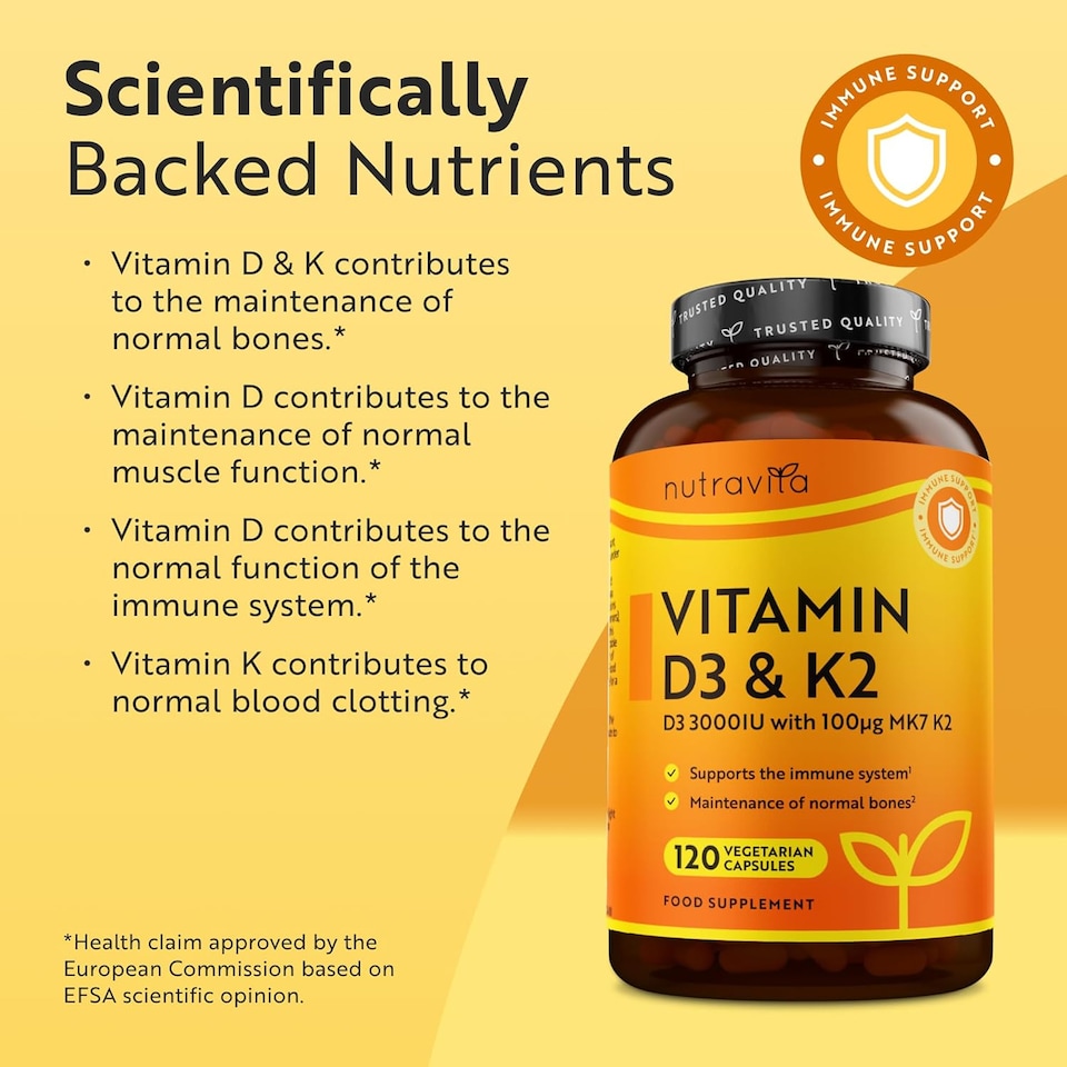 image 1 of Nutravita Vitamin D3 3000iu & K2 100ug (MK7) - Supports Normal Bones, Muscles, Teeth and Immune System - 120 Vitamin D3 K2 Vegetarian Capsules