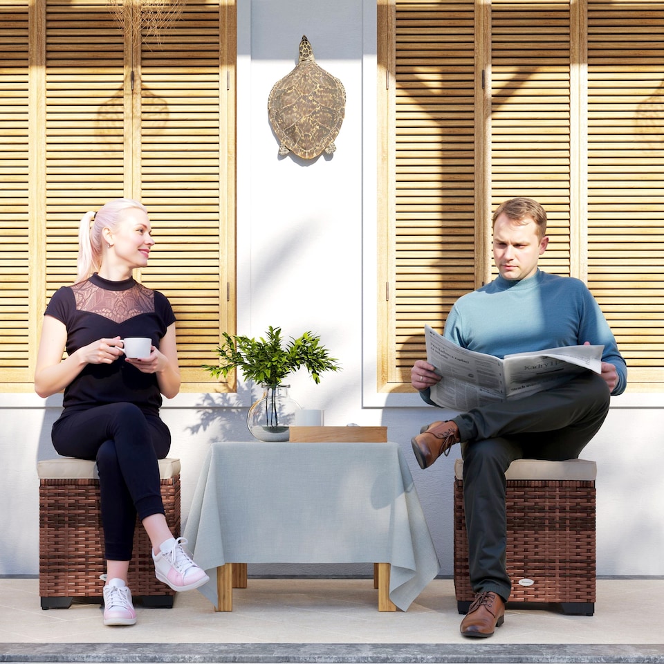 image 1 of Outsunny Set of 2 Rattan Storage Ottoman, Outdoor Footstool with Removable Cushions, Garden Storage Seat for Balcony, Porch, Living Room, Beige | White | 40W x 40D x 40H cm | 1