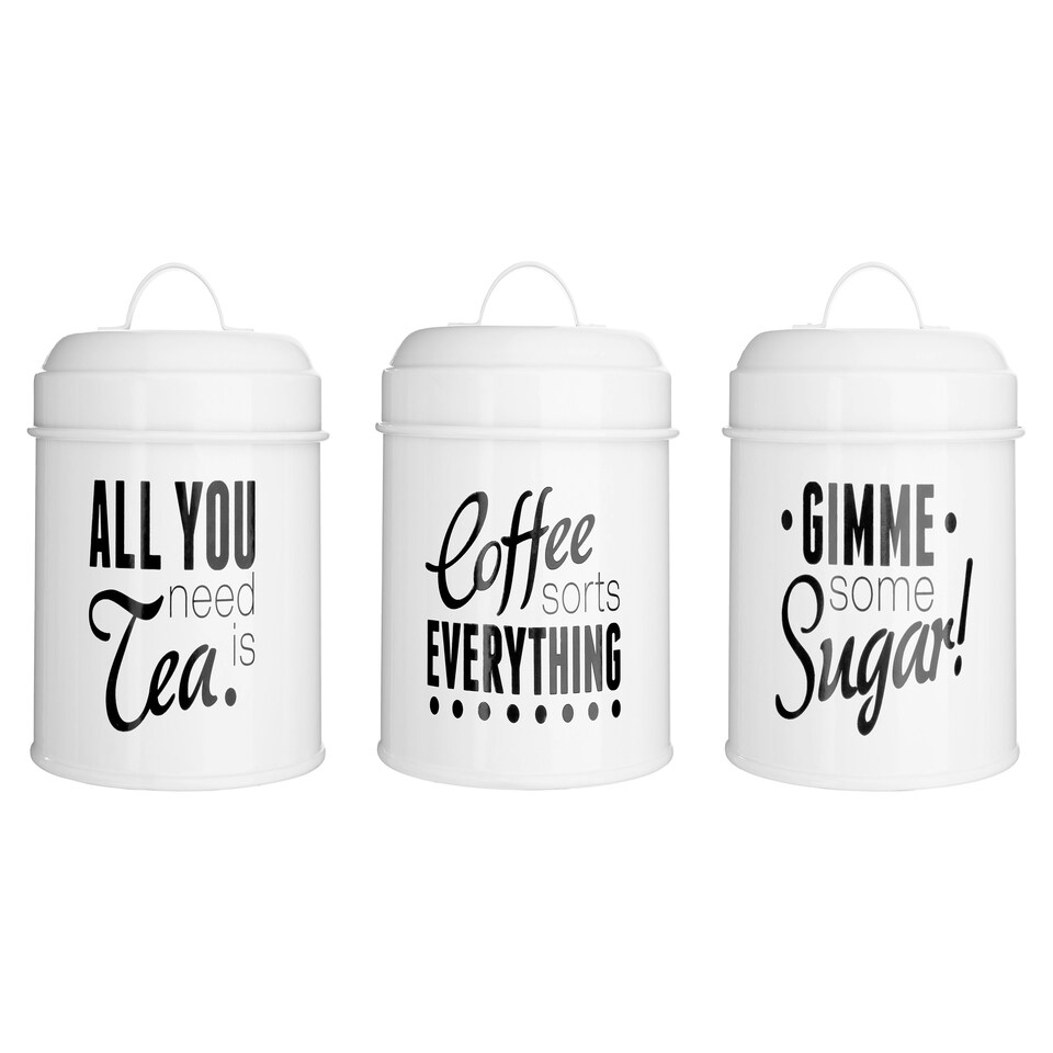 image 1 of Interiors by Premier Set Of 3 Round Canisters, Fun Printed Metal Storage Tins With Humorous Labels, Ideal For Tea, Coffee, Sugar