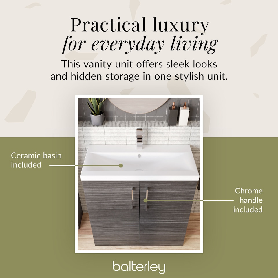 image 1 of Balterley Contemporary Bathroom Floor Standing 2 Soft-Close Door Vanity Unit & Mid-Edge Ceramic Basin | Grey | Anthracite Woodgrain
