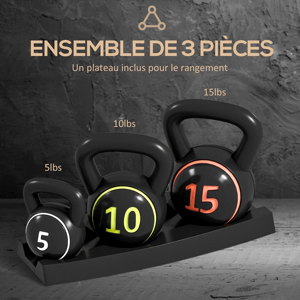 image 1 of SPORTNOW Set of Three Kettlebell Weights with Storage Tray, 2.2kg, 4.5kg, 6.8kg