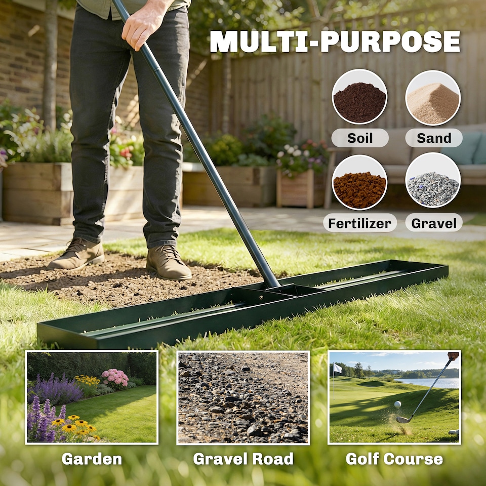 image 1 of Outsunny 113 x 26 cm Lawn Levelling Rake with 169 cm Handle | Green | Green | 113L x 26W x 177H cm