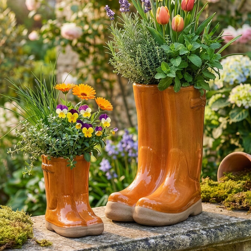 image 1 of Set of 2 Small and Large Orange  Wellington Boots Ceramic Indoor Outdoor Flower Pot Garden Planter | Orange | Orange