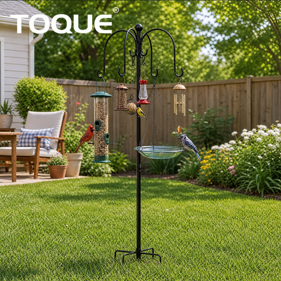 image 1 of TOQUE Complete Bird Feeding Station 4 Feeders Outdoor Garden Wild Birds Feeder