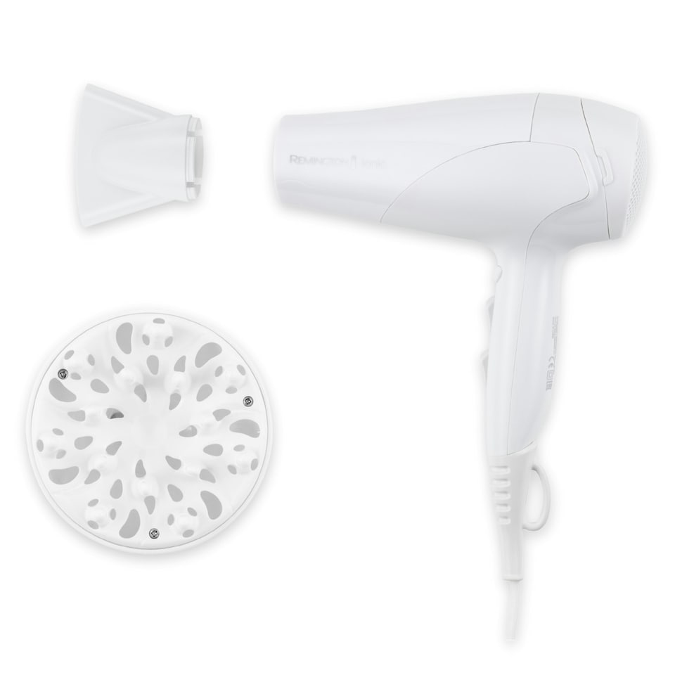 image 1 of Remington Hair Dryer White with Ionic Conditioning, 3 Heat & 2 Speed Settings and Cool Shot, 2 Attachments: Diffuser & Concentrator, 2200W