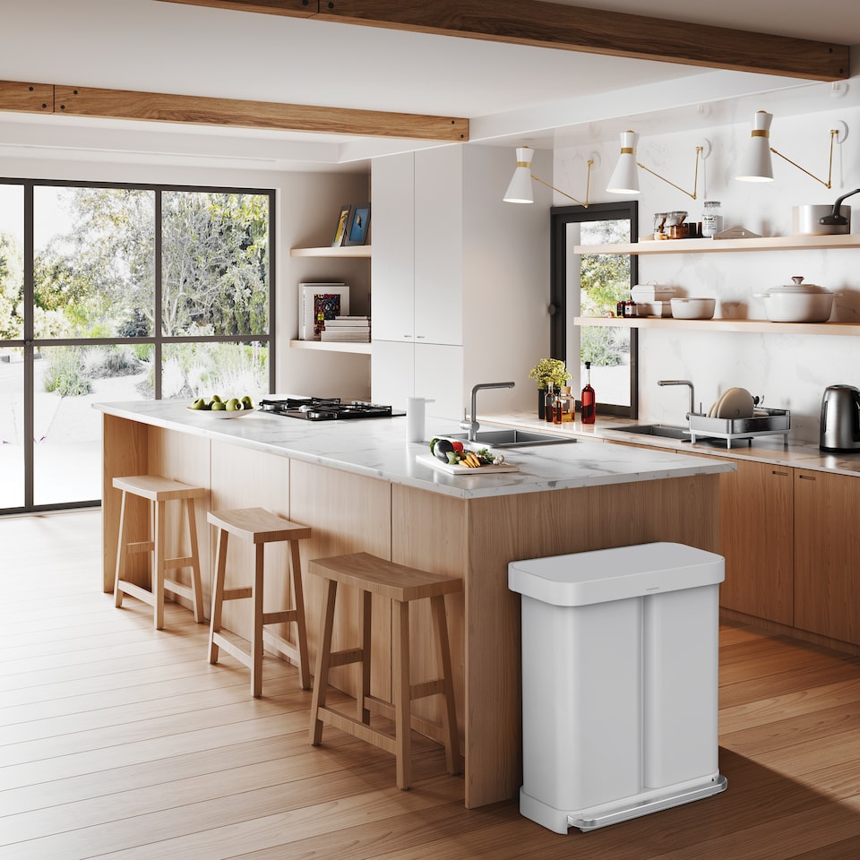 image 1 of Simplehuman 58L Recycling Rectangular Pedal Bin with Liner Pocket, Wihte Steel with White Plastic Lid