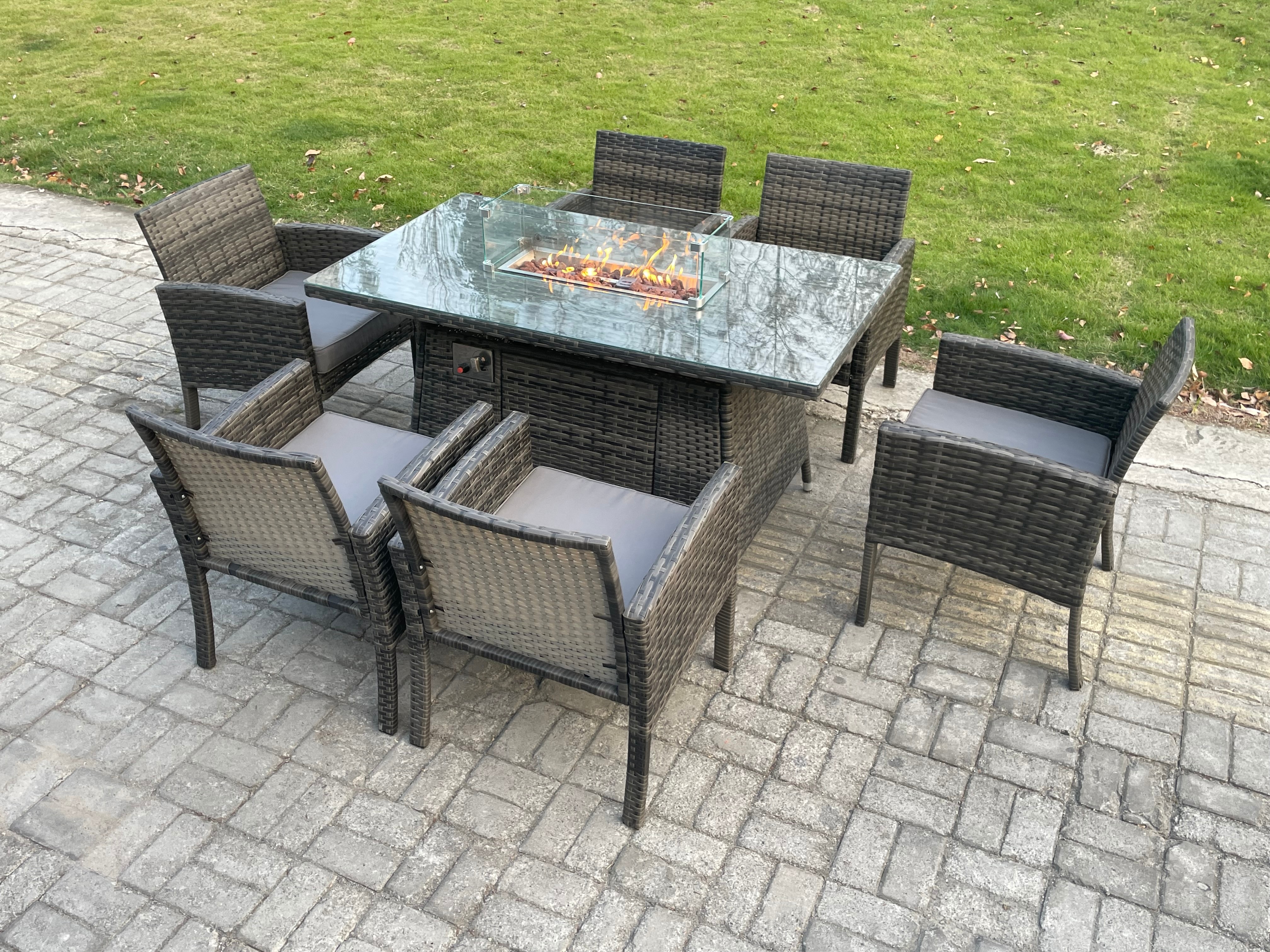 Fimous Outdoor Rattan Garden Furniture Set Gas Fire Pit Rectangular Table Sets Gas Heater with 6 Seater Dining Cahirs Dark Grey Mixed
