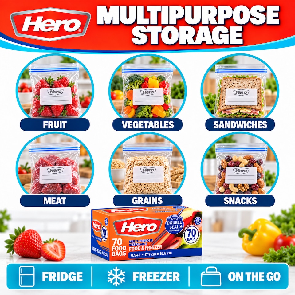 image 1 of Hero 70 Medium 1L Resealable Freezer Bags – Reusable Ziplock Food Storage Bags with Write-On Label – BPA Free Sandwich & Freezer Bags