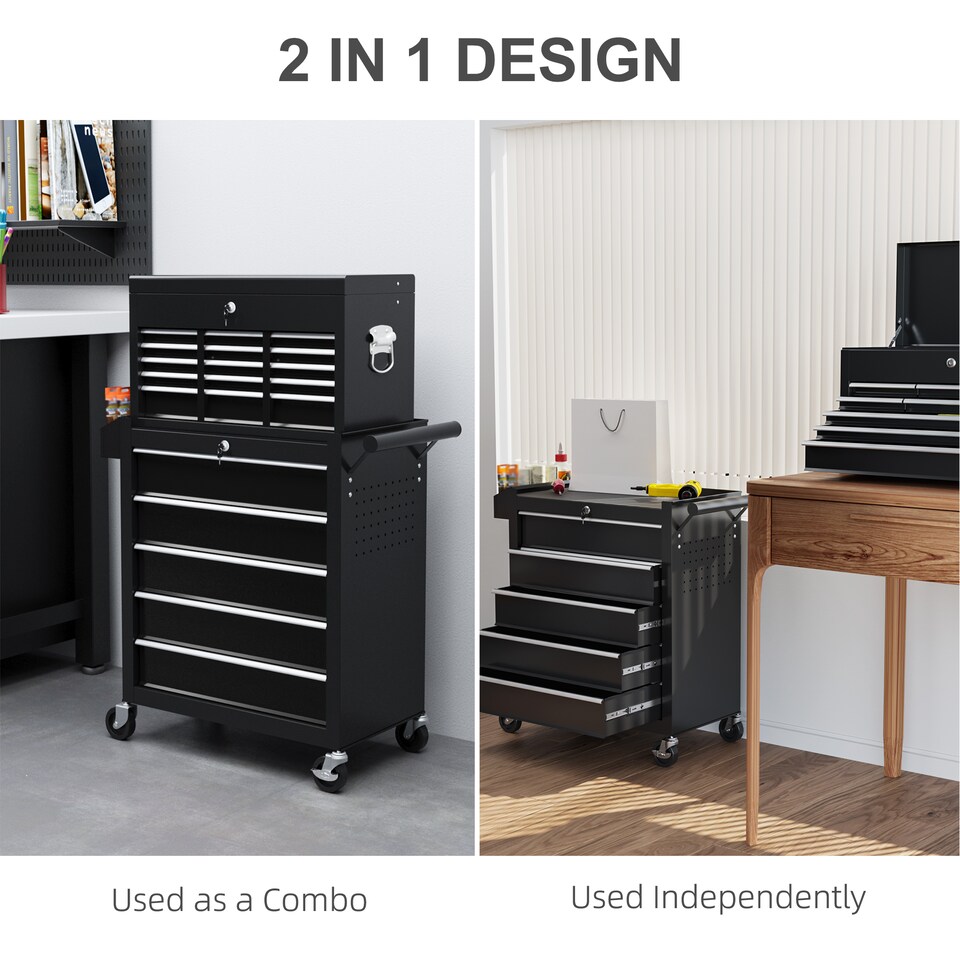 image 1 of HOMCOM Rolling Tool Chest Lockable Roller Cabinet with with 14 Drawers Black | Black