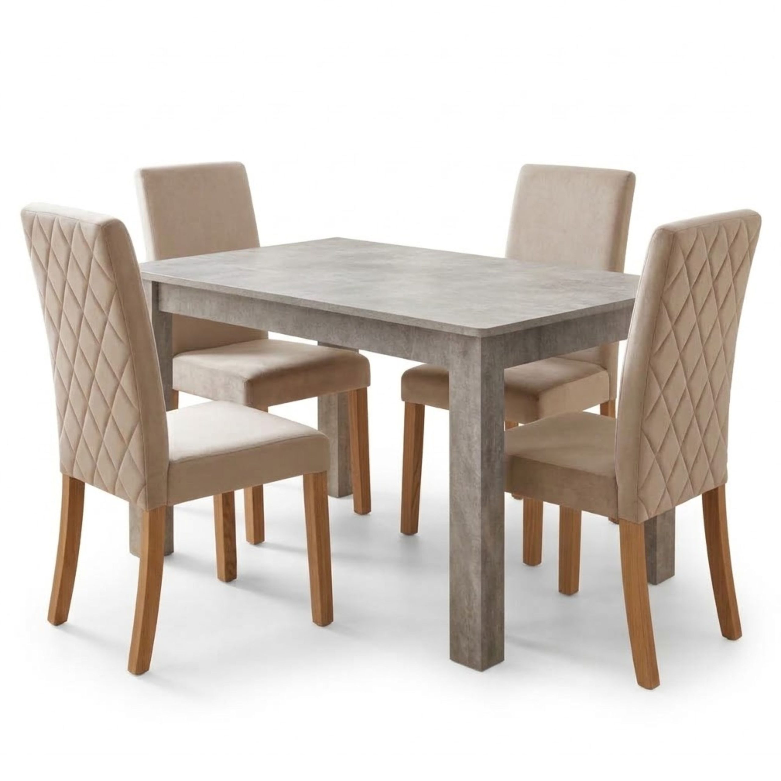 Cream Diamond Stitch Velvet Dining Chairs with Wooden Legs and Stone Grey Effect Table 4 Seater Set