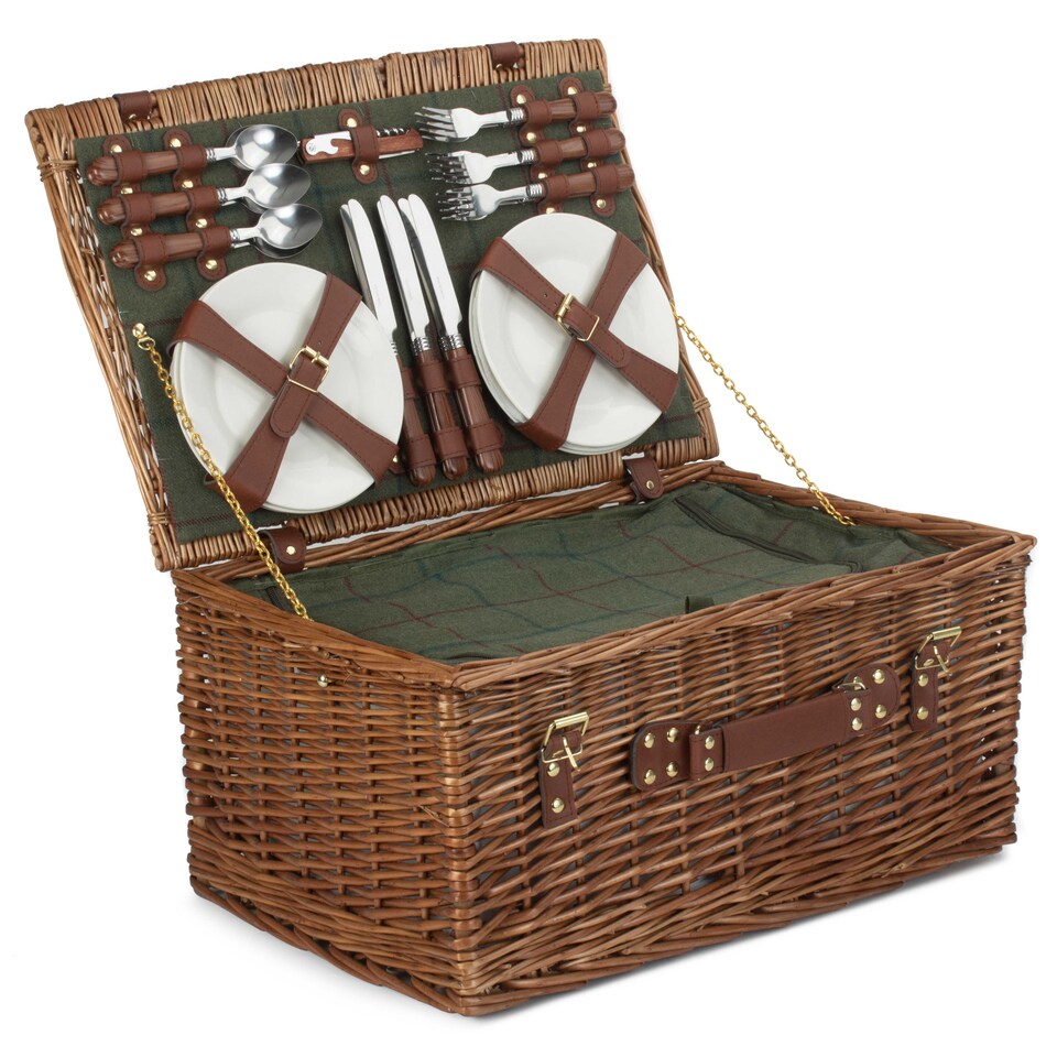 image 1 of 6 Person Green Tweed Classic Picnic Basket