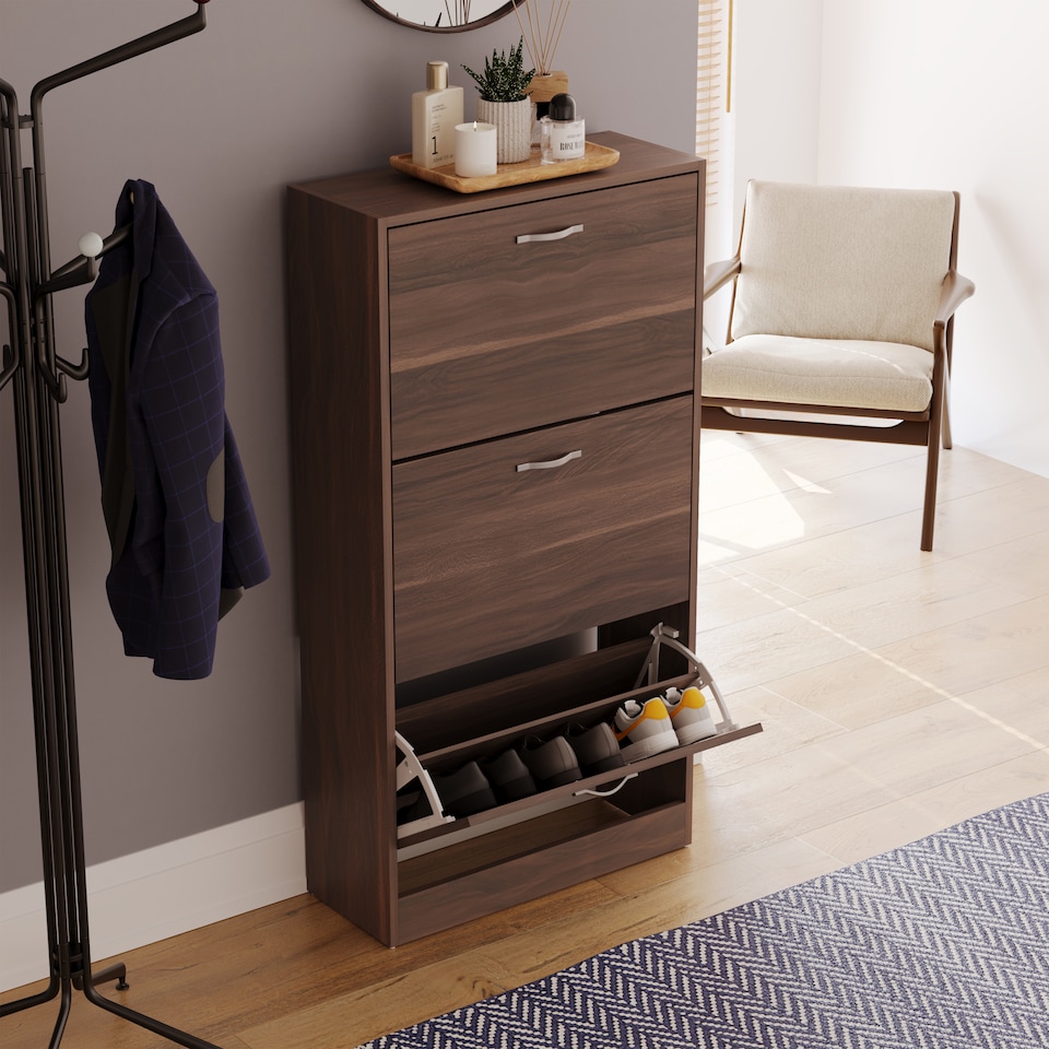 image 1 of Vida Designs 3 Drawer Shoe Cabinet Shoe Rack Storage Cupboard, Walnut