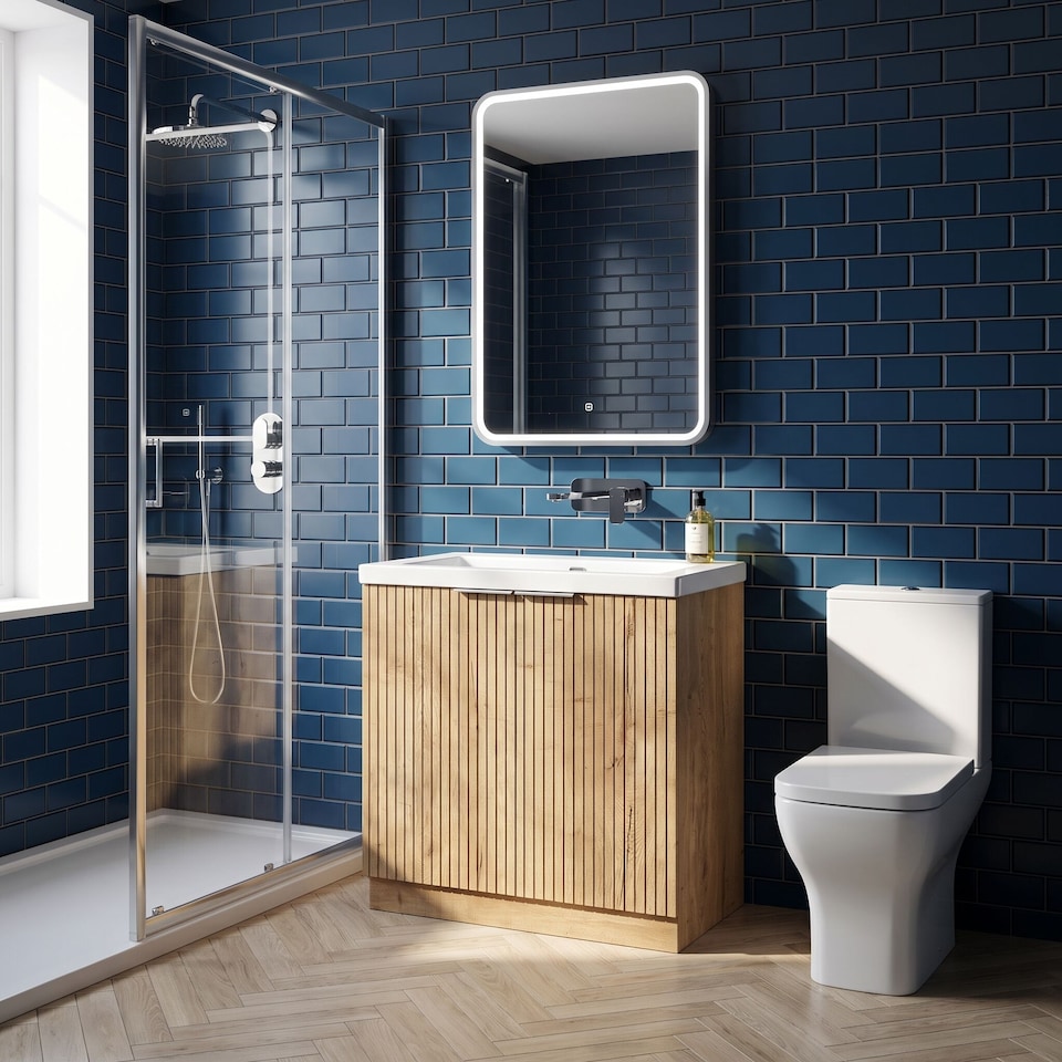 image 1 of Balterley Callingwood Contemporary Floor Standing 2 Door Vanity Unit with 0 Tap Hole Fireclay Basin , 800mm, Autumn Oak
