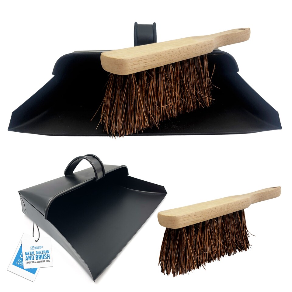 image 1 of Black Hooded Metal Dustpan and Brush Set Traditional Stiff Brush with Ash Pan Design