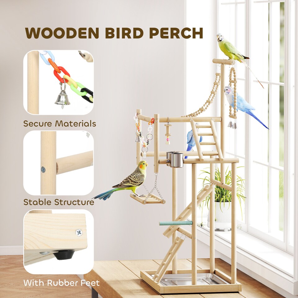 image 1 of PawHut Wooden Bird Playground with Ladders, Chain Toy, Steel Cups and Tray