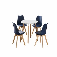 5PCs Dining Set - a White Round Dining Table & Set of 4 White Lorenzo Tulip chairs with Padded Seat | Blue