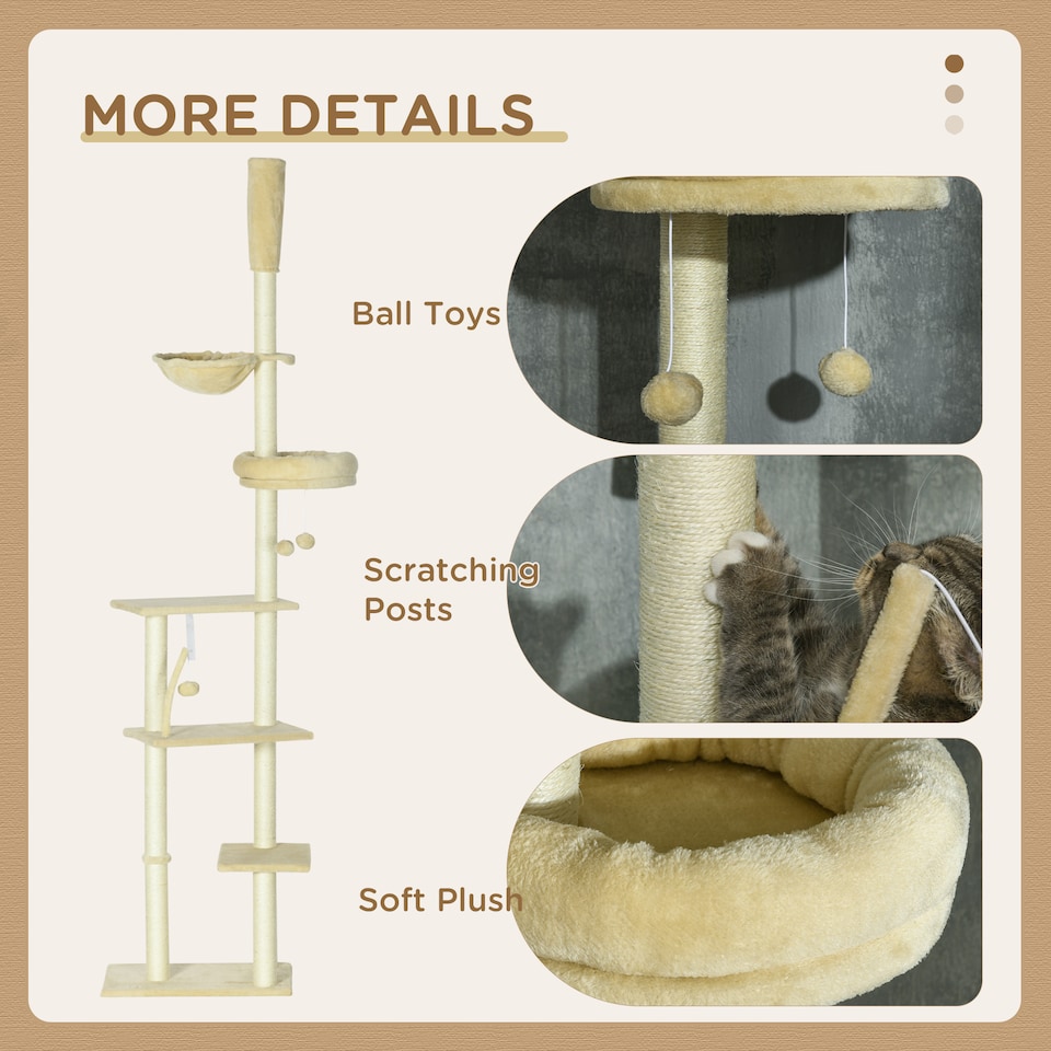 image 1 of PawHut Floor To Ceiling Cat Tree 6-Tier with Scratch Post Bed Hammock
