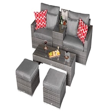 Havana 2 Seat Modular Sofa Rattan Garden Balcony Furniture Set Outdoor Drinks Cooler Table, Coffee Table & Stools | Grey | Grey | Two Seater