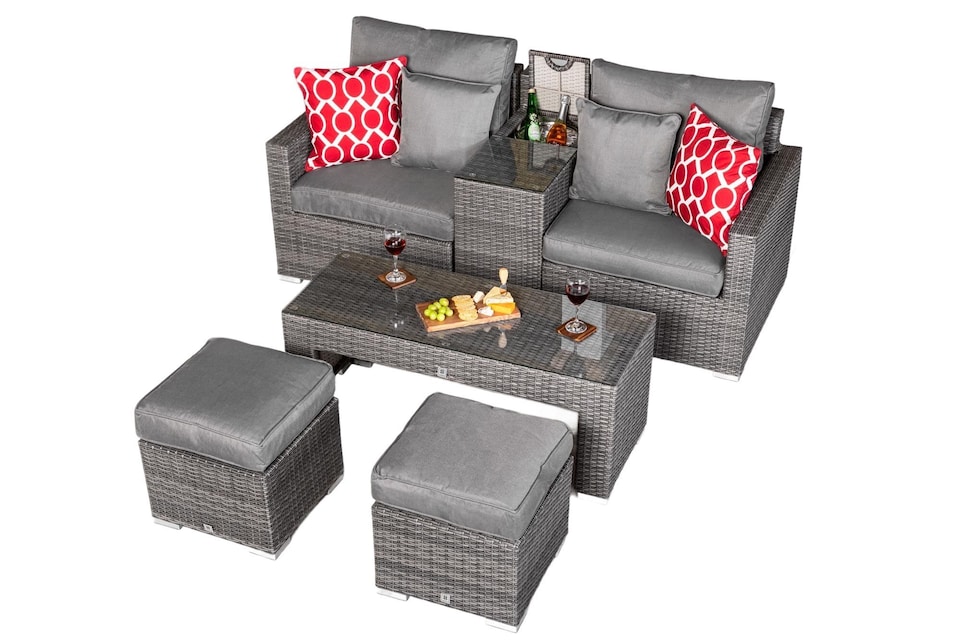 image 1 of Havana 2 Seat Modular Sofa Rattan Garden Balcony Furniture Set Outdoor Drinks Cooler Table, Coffee Table & Stools | Grey | Grey | Two Seater