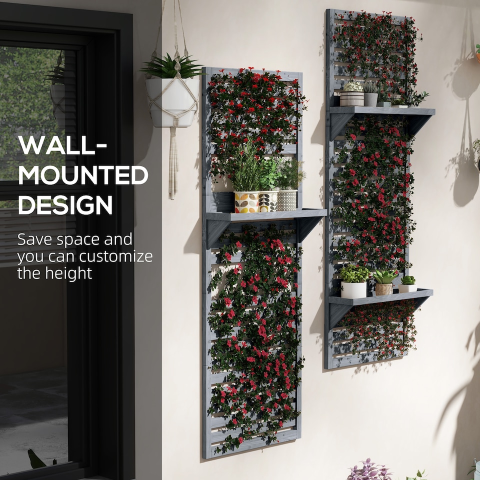 image 1 of Outsunny Wall Mounted Plant Stands Set of 2 with Shelves and Slatted Trellis