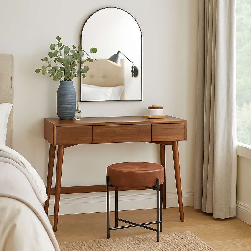 image 1 of Brown Faux Leather Stool Round Padded Seat Dressing Table Chair Metal Legs