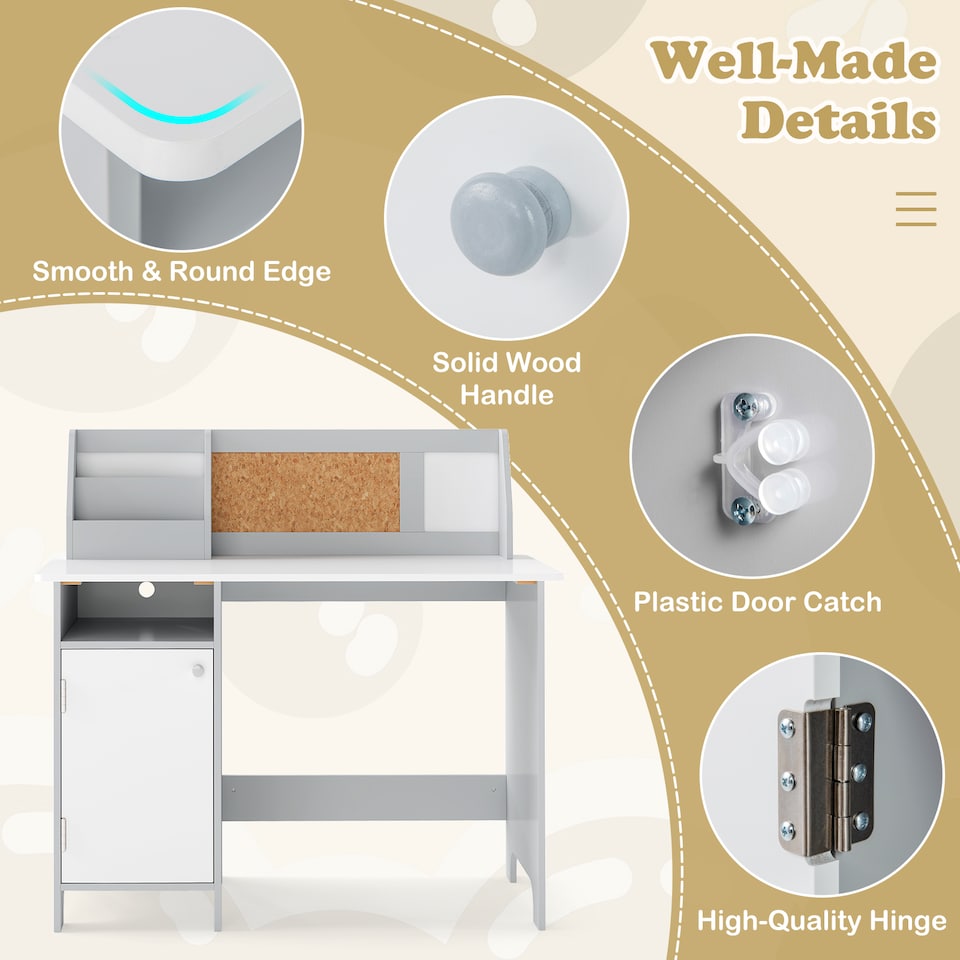image 1 of COSTWAY Kids Table and Chair Set Children Study Table With  Hutch-Grey