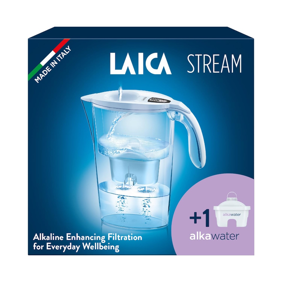 image 1 of LAICA Stream Line Water Filter Jug - White - 2.3L Capacity - 1 Alka Water Filter included, Increases The Alkalinity of The tap Water by up to +1.5 pH - Made in Italy