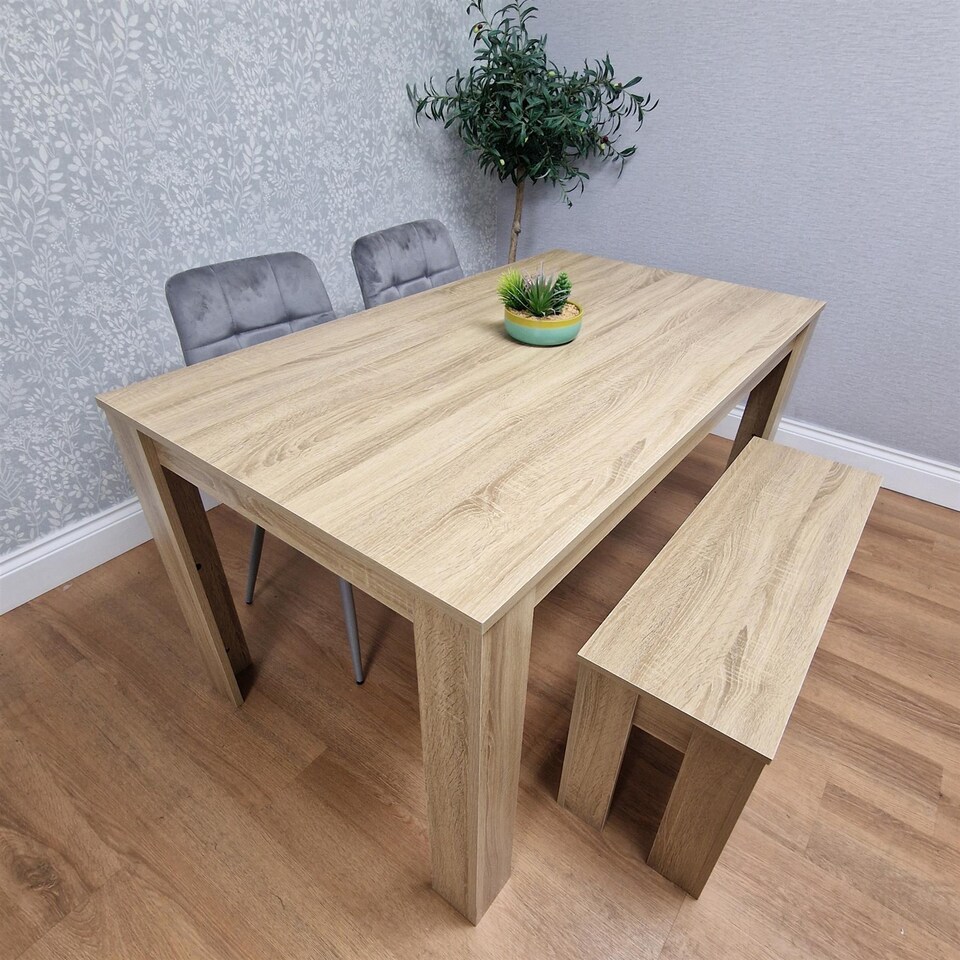 image 1 of Dining Table Set Oak Effect Table With 2 Grey Velvet Dining Chairs And 1 Bench | Grey | One Size | 4