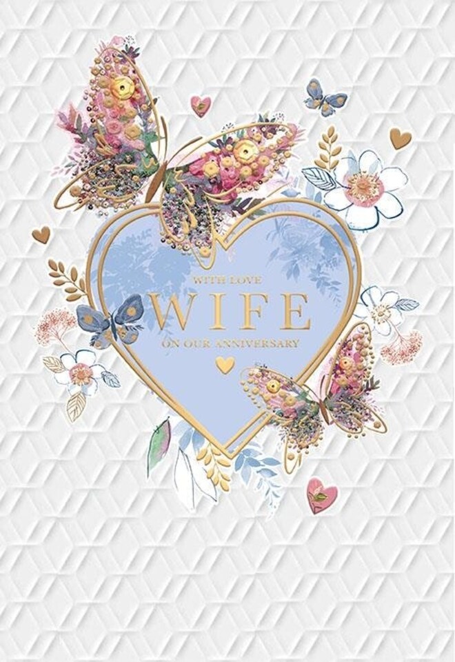 Words 'n' Wishes Wife Artistic Wedding Anniversary Greeting Card - With Love To My Wife Butterflies Design - Embossed With A Rose Gold Foil Finish