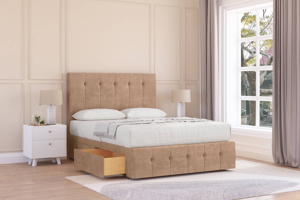 image 1 of Sloomy Cambridge Sand Naples Divan Bed With Mattress 2 Drawers Left Side With 54" Floor Standing Headboard & 12" Matching Footboard 4' Small Double | Cream | Sand | Small Double | 1