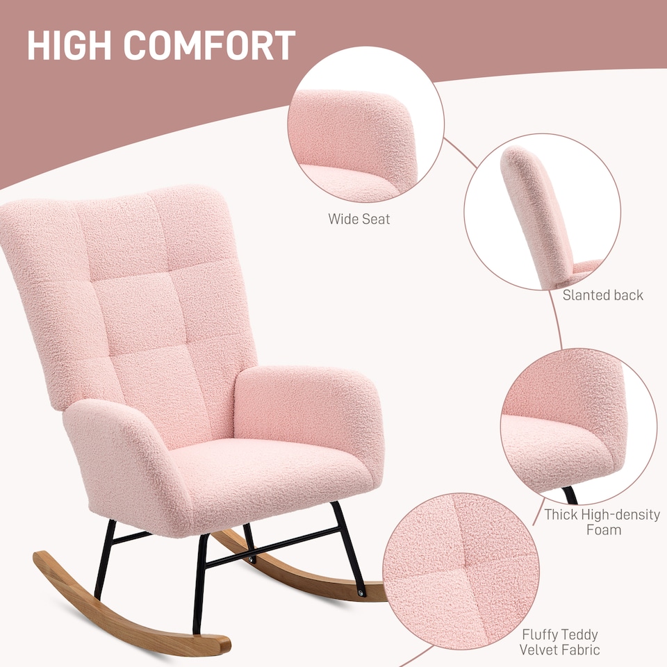image 1 of HOMCOM Rocking Chair, Teddy Upholstered Accent Chair, Modern Armchair with Wide Backrest and Rubberwood Base for Living Room, Bedroom, Light Pink | Pink | Hot pink