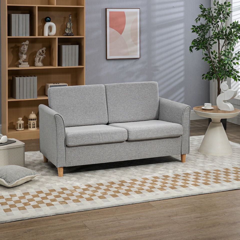 image 1 of HOMCOM 2 Seater Sofa, Compact Loveseat, Linen Upholstered Couch with Wood Legs and Armrest, Small Sofa for Living Room and Home Office Light Grey