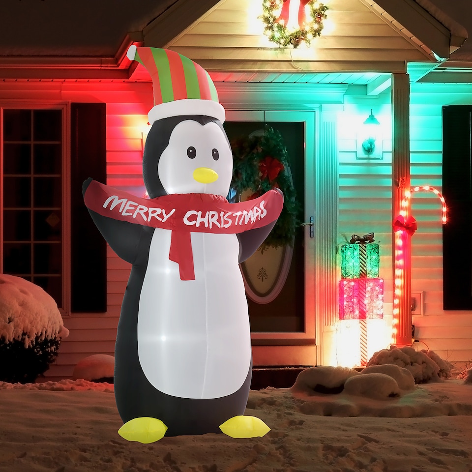image 1 of HOMCOM 8ft Inflatable Penguin & Christmas Banner Decoration Indoor Outdoor WeatherResistant Shell Fun Cute