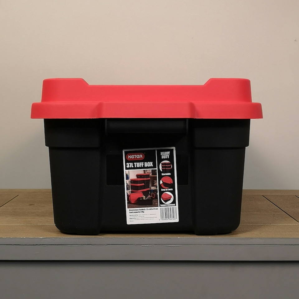 image 1 of 37L Black and Red Tuff Stackable Storage Box with Lid and Carry Handles Black
