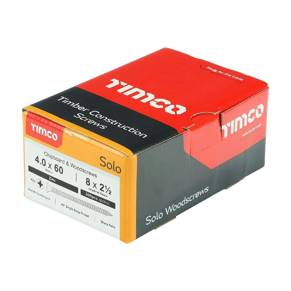 image 1 of Timco - Solo Chipboard & Woodscrews - PZ - Double Countersunk - Zinc (Size 4.0 x 60 - 200 Pieces)
