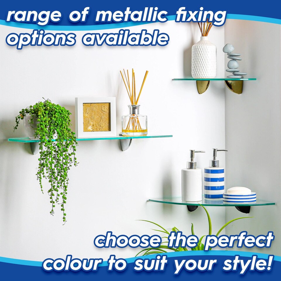 image 1 of Harbour Housewares Rounded Floating Glass Bathroom Shelves - 50cm - Clear/Black - Pack of 2 | Clear | Clear/Black