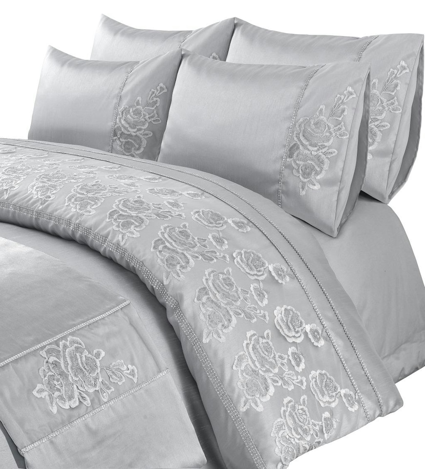 image 1 of Duvet Cover And Pillowcase Set Silver Or Pink Embroided Luxury Design Polyester Bed Linen Silver | Silver | Single