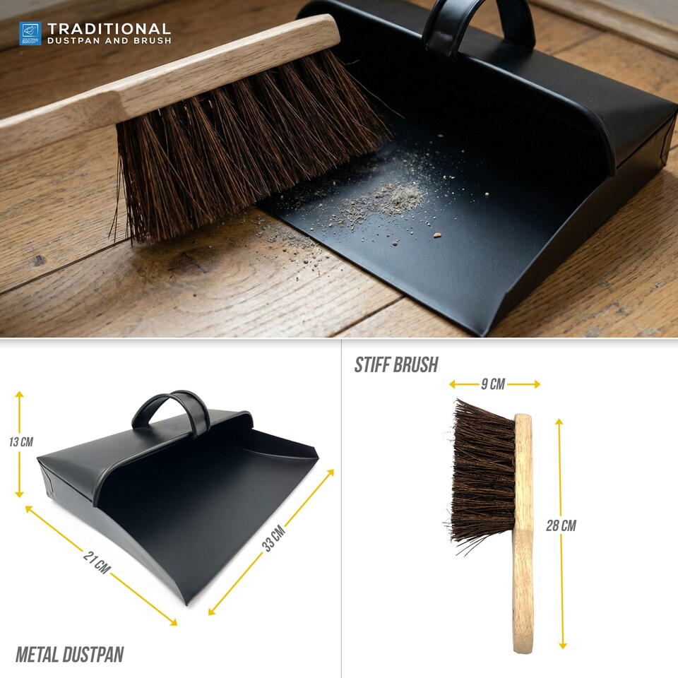image 1 of Black Hooded Metal Dustpan and Brush Set Traditional Stiff Brush with Ash Pan Design