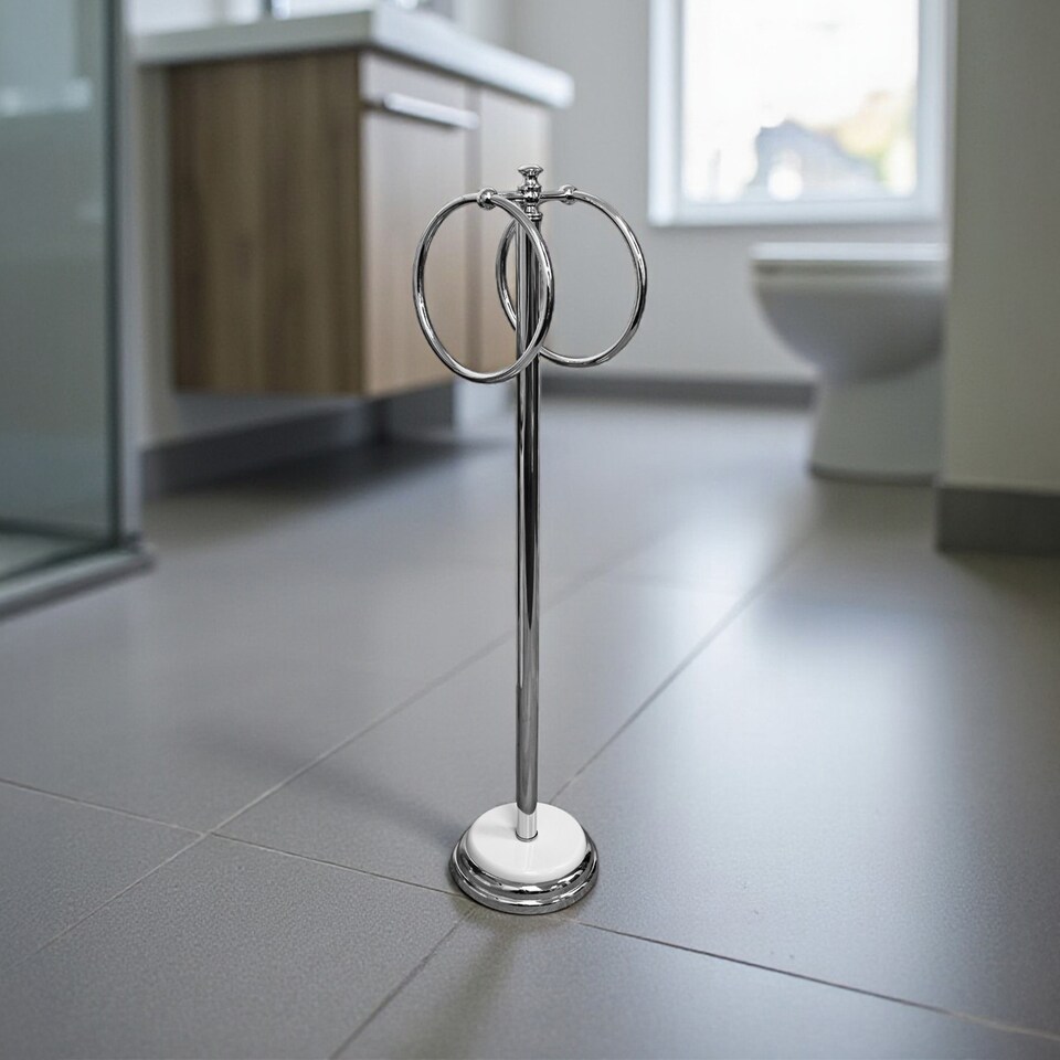 image 1 of Showerdrape Opera White/Chrome Freestanding Double Towel Ring | Silver | Chrome | 1