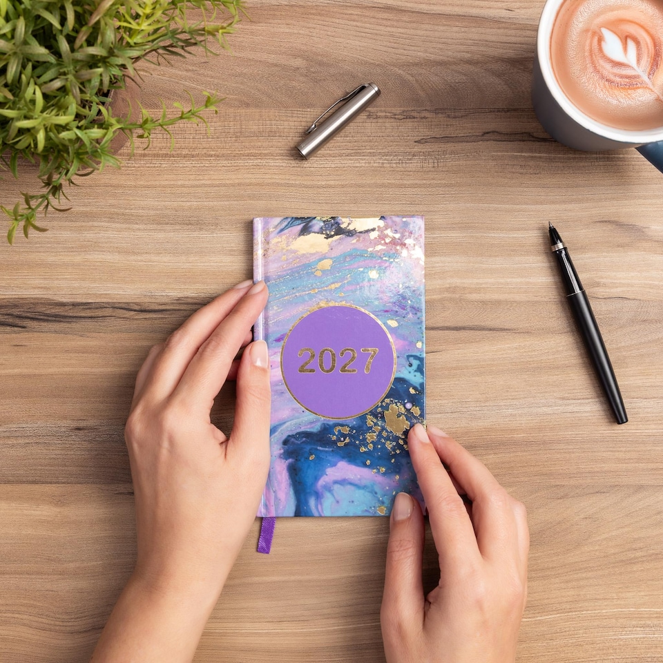 image 1 of 2027 Slim Diary Week to View - Marble Hardback Planner Runs January to December 2027 - Pocket Size, 16cm x 9cm with Ribbon Bookmark (Marble)