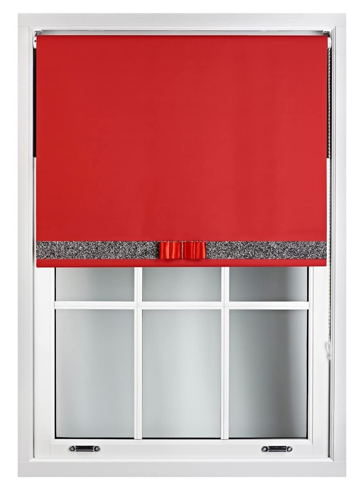image 1 of FURNISHED Blackout Roller Blind with Black Glitter Trim and Red Bow Trimmable Window Shade | Red | Red | (W) 65cm x (L) 165cm