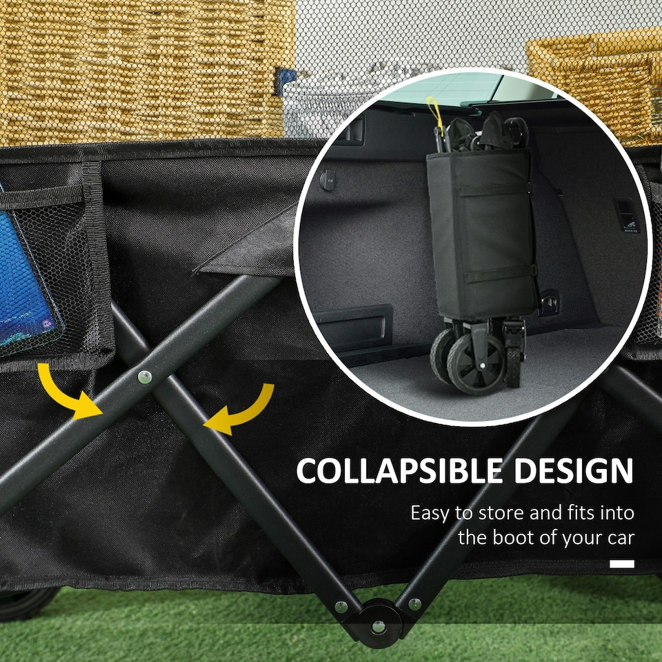 image 1 of Outsunny 180L Folding Garden Trolley Wagon Cart w/ Extendable Side Walls, Black