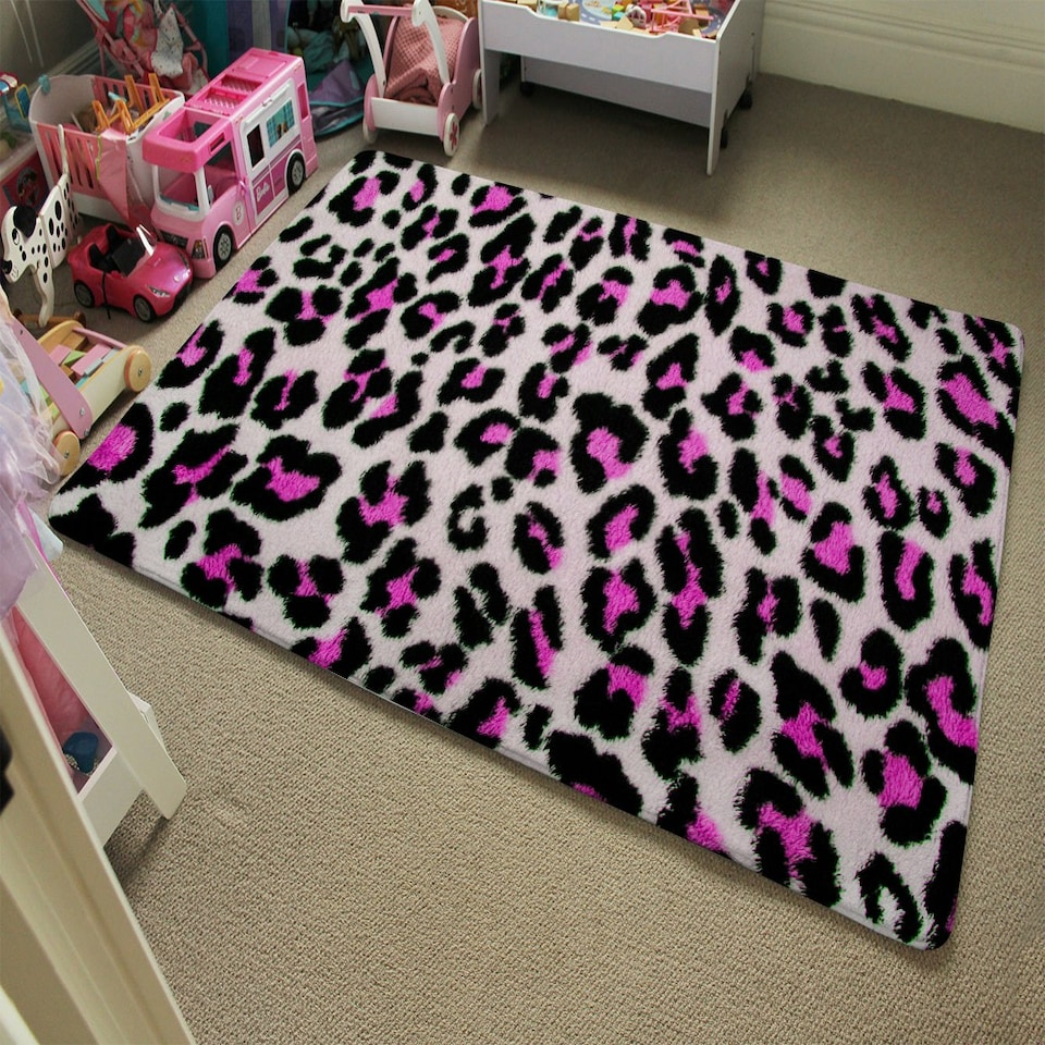 image 1 of Pink Fluffy Leopard (Rug) Pink | Large: 140x200cm