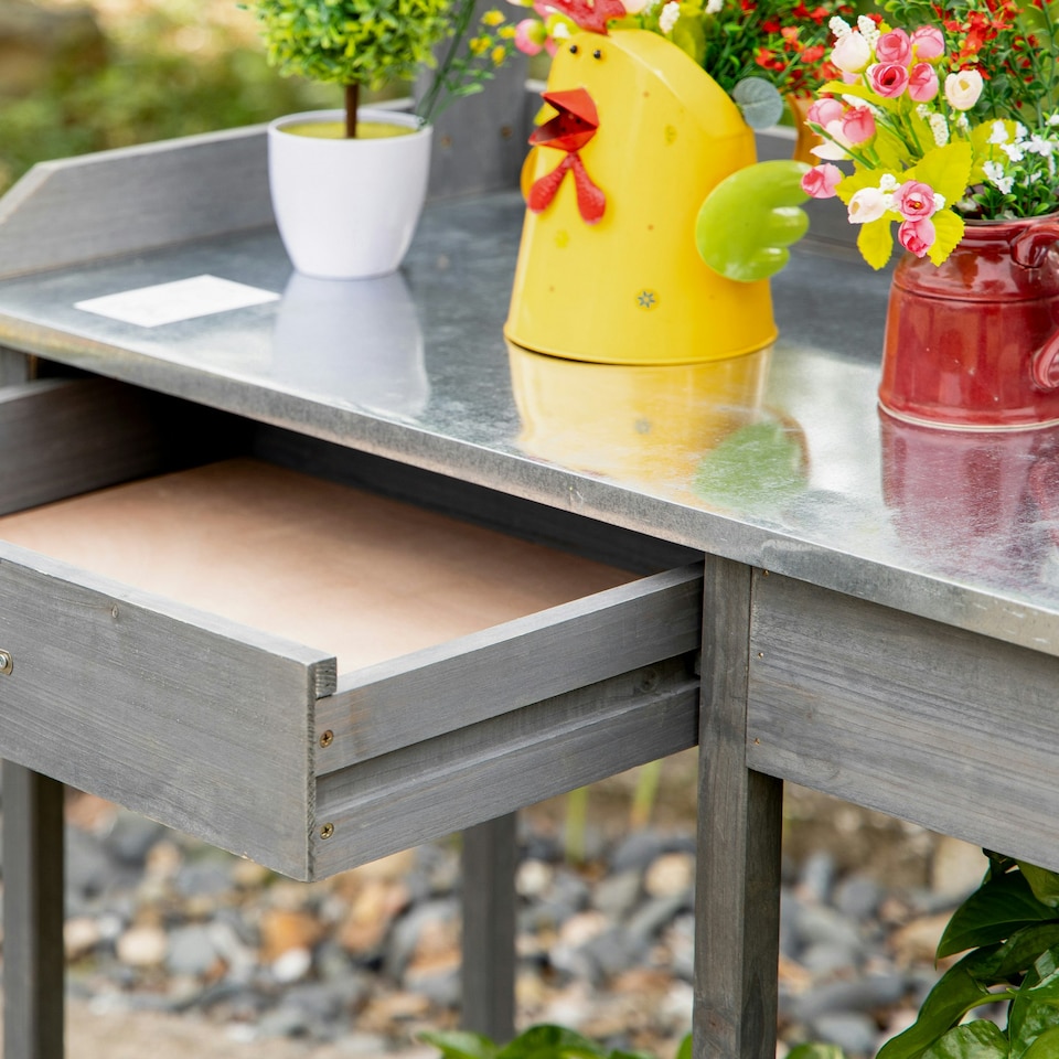 image 1 of Outsunny Garden Potting Table Workstation w/ Metal Tabletop, Drawer, Shelves 
