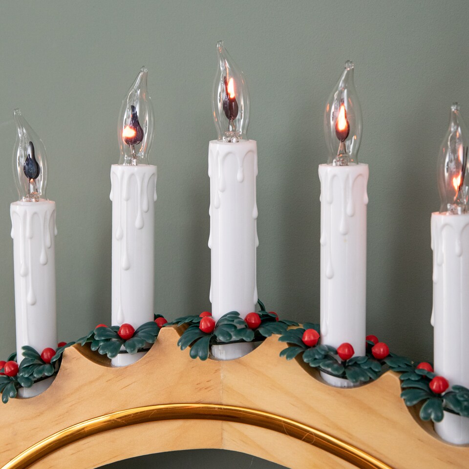 image 1 of Premier Wooden Christmas Candle Bridge Arch with 7 Flickering Candle Bulbs Mains Operated